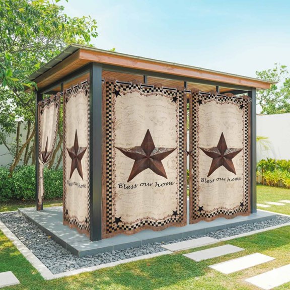 Outdoor Curtains for Patio Waterproof, Western Star Brown Outdoor Privacy Panels Grommet, Texas Stars Retro Farmhouse Buffalo Plaid Blackout Outside Curtains for Porch/Cabana 54"x95", 1 Panel