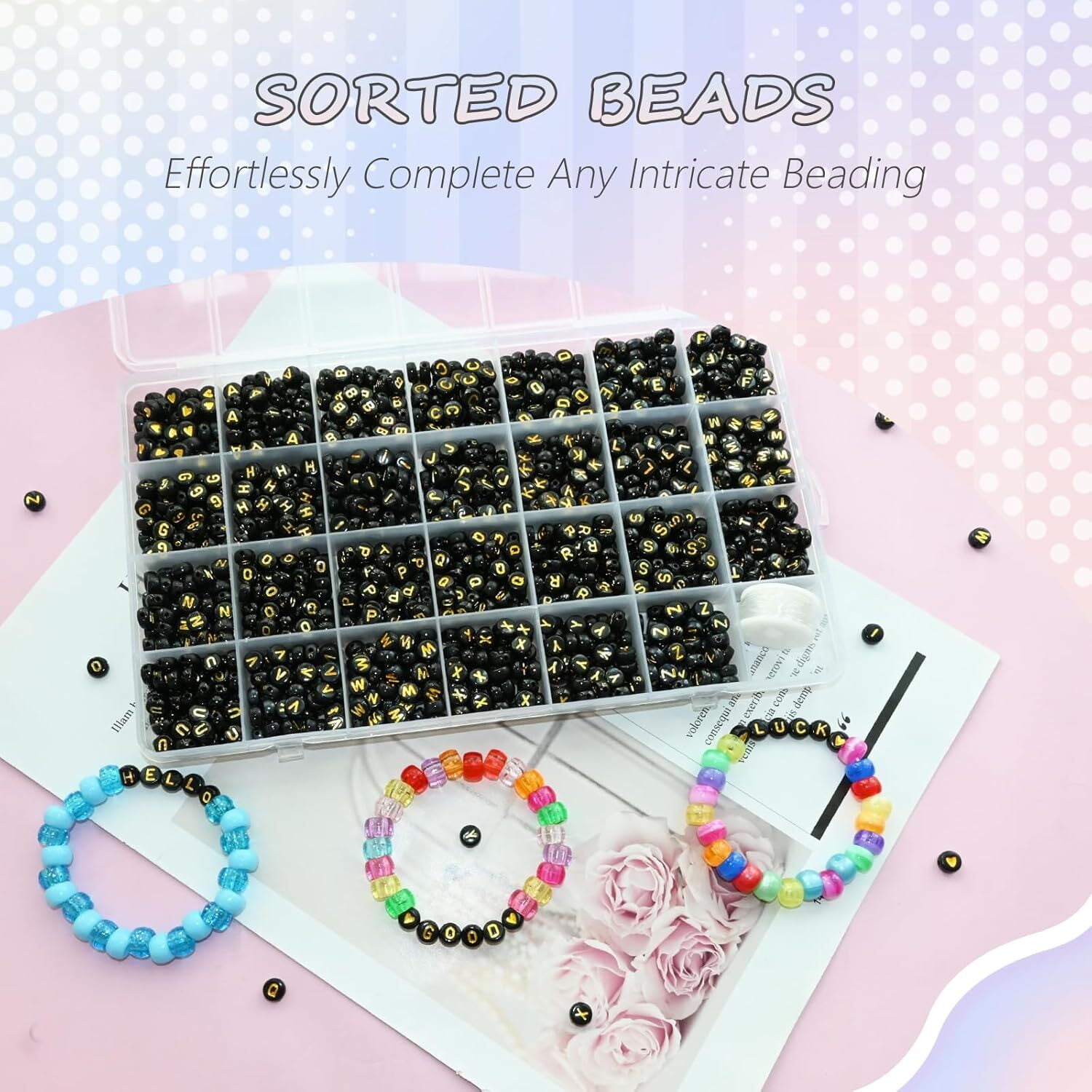 1400 Pieces Round Alphabet Letter Beads A-Z 4x7mm Black Acrylic with Colorful Letter and Crystal Line for Jewelry Making, Style 3
