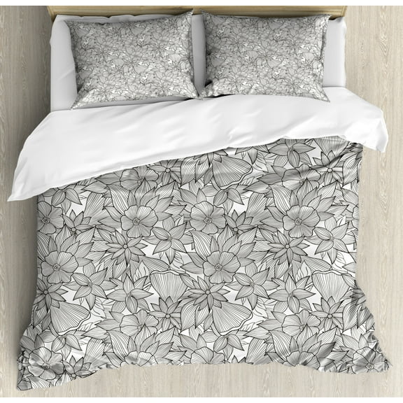Floral Duvet Cover Set King Size, Hand Drawn Detailed Composition of Flowers Blooming on a Plain Background, Decorative 3 Piece Bedding Set with 2 Pillow Shams, Charcoal Grey White, by Ambesonne