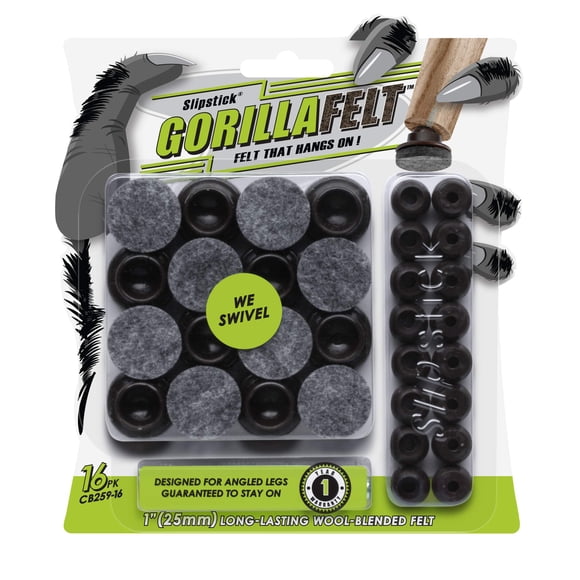GorillaFelt Swivel Glide Felt Sliders for Chairs (16 Pack) Screw-On Floor Protectors for Angled Furniture Legs, 1 Inch Felt Glides (25mm Round), CB259-16