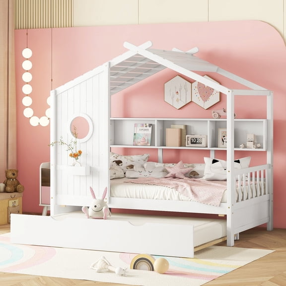 Mirightone Twin Size House Bed with Trundle, Wood Montessori Bed Frame with Storage Bookshelf, Wooden Playhouse Bed, House-Themed Bed (White)