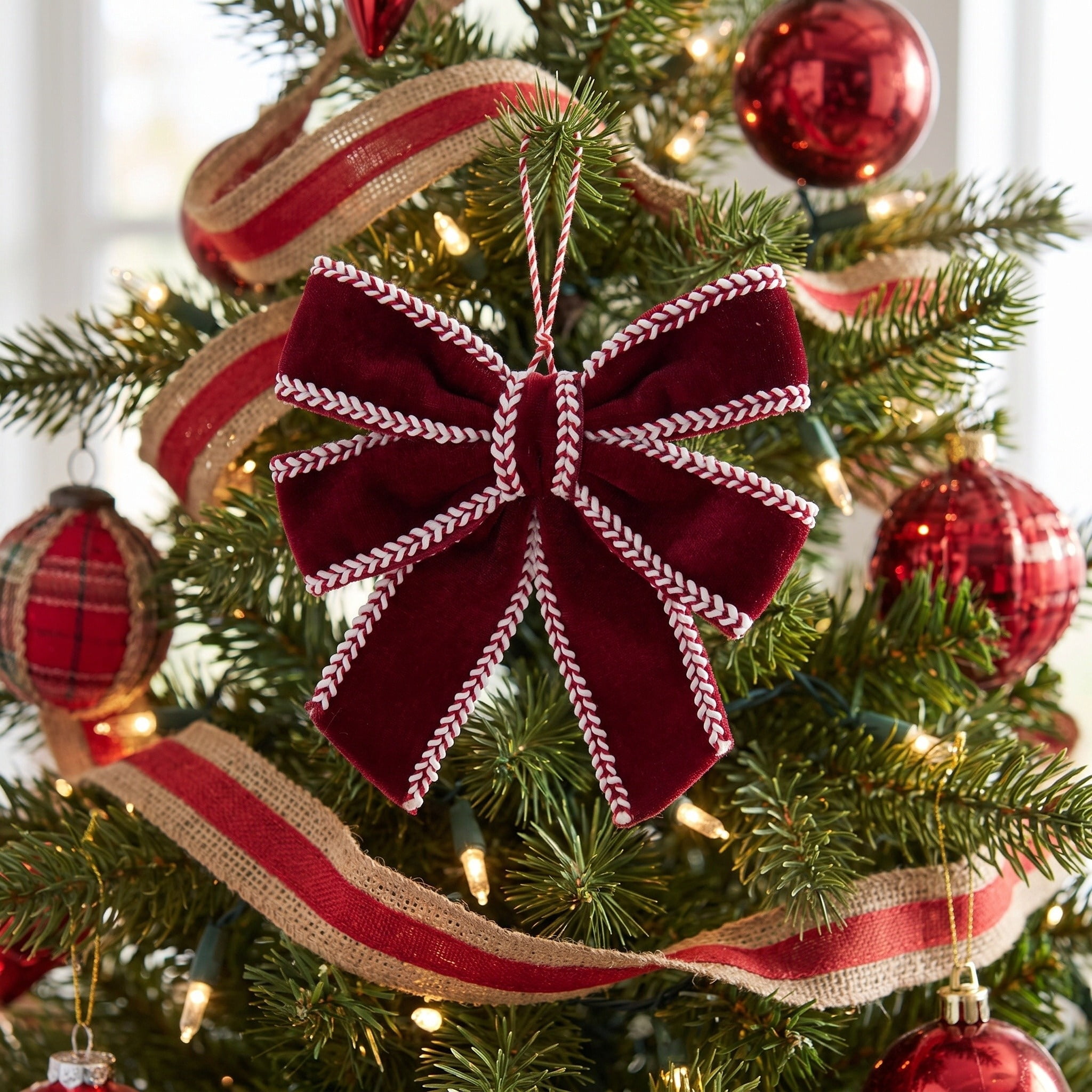 Red and White Velvet Bow Christmas Ornament, 6.3", by Holiday Time