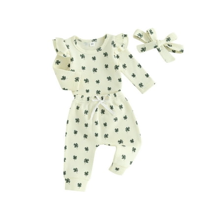 

FEORJGP Infant Baby Girls Outfit Newborn Long Sleeve Romper Crew Neck Jumpsuit Shamrock Print Bodysuit with Drawstring Pants and Headband Toddlers Looothing Set for Holiday Daily Spring Fall