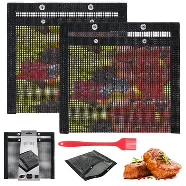 2 Packs BBQ Grill Mesh Bag, Non-Stick BBQ Grill Bag Grill Reusable and Easy To Clean Non-Stick Grid Grill Bag with Oil Brush