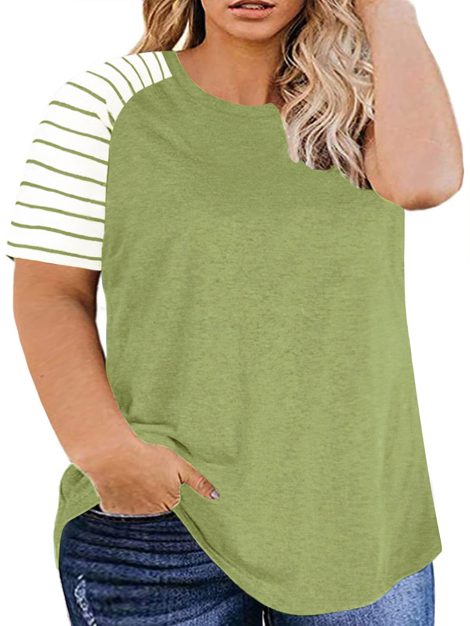 Plus Size Tops for Women Striped Raglan 