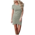 thumbnail image 2 of Women's Dresses Under $10 Free Shipping Summer Solid Color Round Neck With Buttocks And Irregular Short Sleeve Women's Dress, 2 of 6