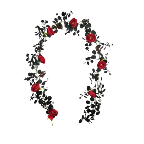 WWG Artificial Red Rose Vine Garland, Gothic Black Leaf Wisteria Hanging Flowers, Faux Floral Decor for Halloween Party, Wedding, Home Wall, Flexible Bendable Stems, Plastic, Includes 1 Vine