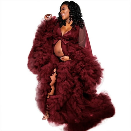 

Pregnant Dress Maternity Gowns for Photoshoot Photography Burgundy Size 2XL Bathgown Sleepwear Long Sleeves Ruffles Sleepwear