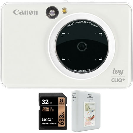 Canon IVY Cliq Instant Camera Printer with App Pearl White Bundle with Lexar Professional 633x 32GB SDHC UHS-1 Class 10 Memory Card and Deco Gear 2 x 3 inch 64 Page Photo Album (Best Camera App For Nexus 7)