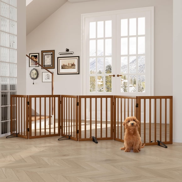 Semiocthome Barrière pour Animaux Pliable en Bambou, Barrières Autoportantes pour Chien pour Entrée, 6 Panneaux, Noyer