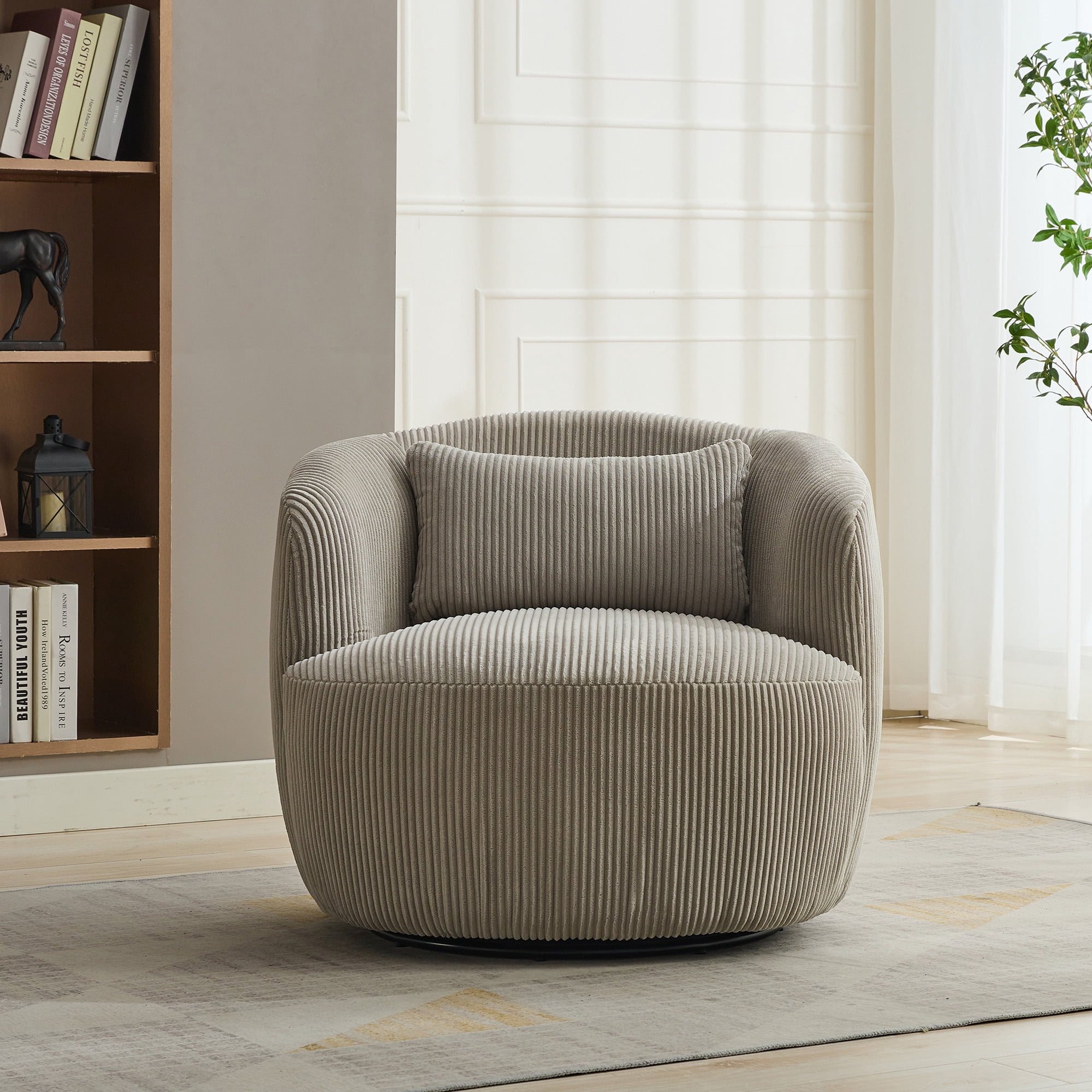 Gewnee 34.25 "Wide Upholstered Corduroy 360° Swivel Barrel Soft Accent Chair with Pillow, Circular Reading Armchair for Club, Living Room, Bedroom, Office, Lounge, Light Gray.