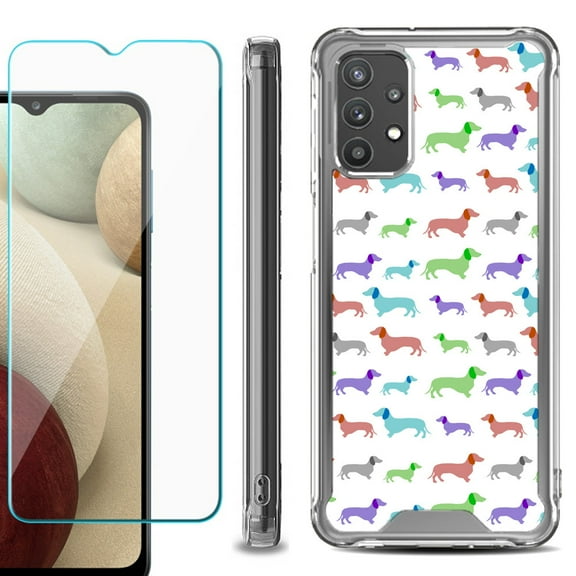 Shockproof Bumper Phone Case for Samsung Galaxy A32 5G, with Tempered Glass Screen Protector, by OneToughShield ® - Colorful Dachshund/Puppy