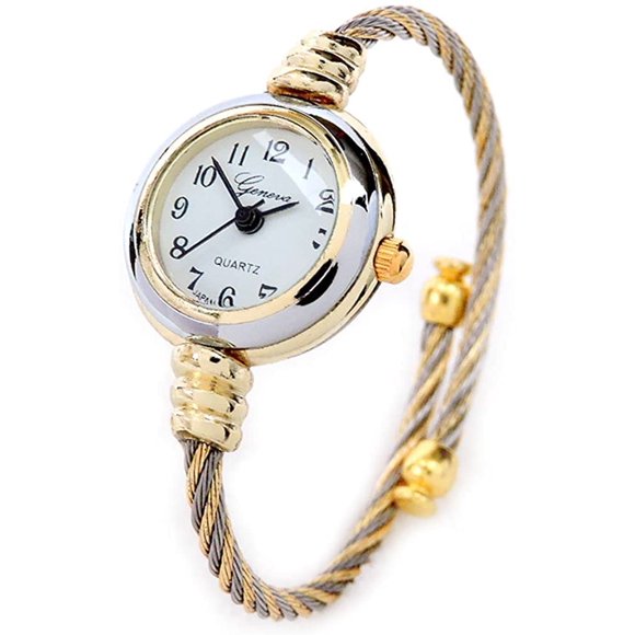 2Tone Gold Silver Cable Band Ladies Bangle Cuff Watch