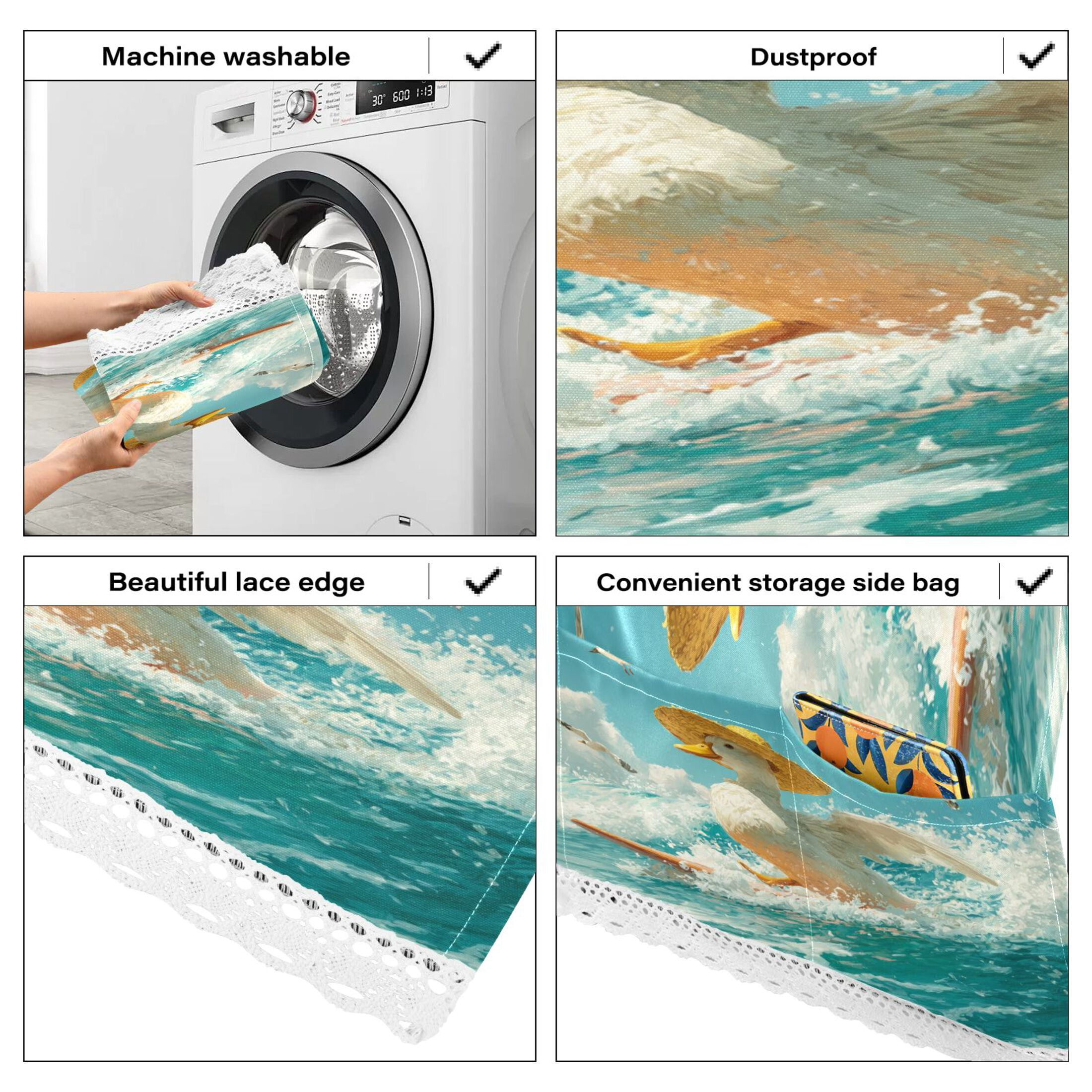 Washing Machine Cover 51.2x22in, Durable Polyester Dust Cover with Lace Trim and Side Pocket for Appliances White Duck
