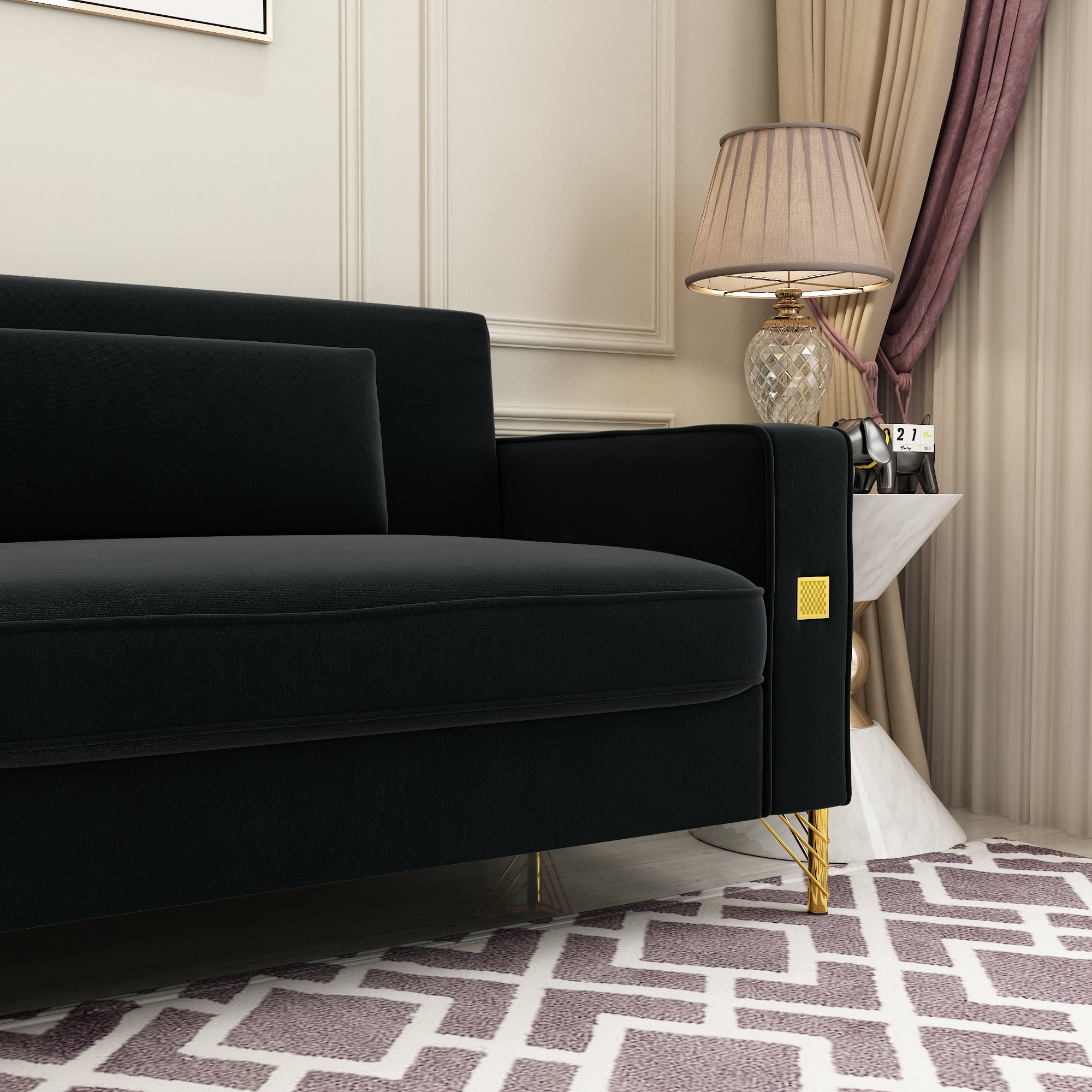 Modern Velvet Upholstered Sofa Couch with Pillows Removable Cushions and Gold Metal Legs for Living Room Office Apartment