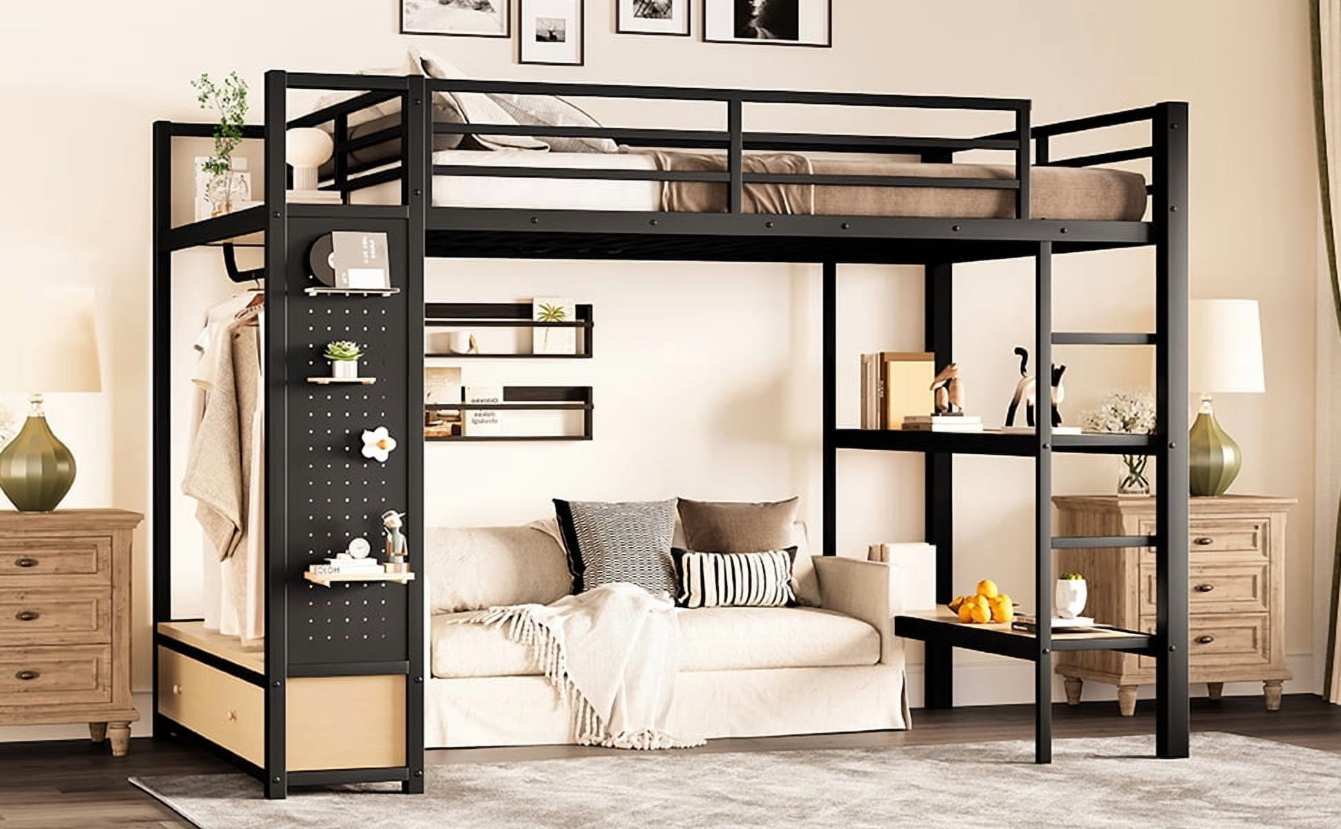 Mintazer Full Size Loft Bed with Pegboard and Wardrobe, Metal Platform Storage Bed with 2 Drawers & 4 Shelves for Bedroom Dorm, Black
