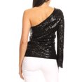 thumbnail image 2 of Women's Sexy One Shoulder Sparkly Sequin Top Bell Long Sleeve T-Shirt Blouse Night Out Party, Black, X-Large, 2 of 6