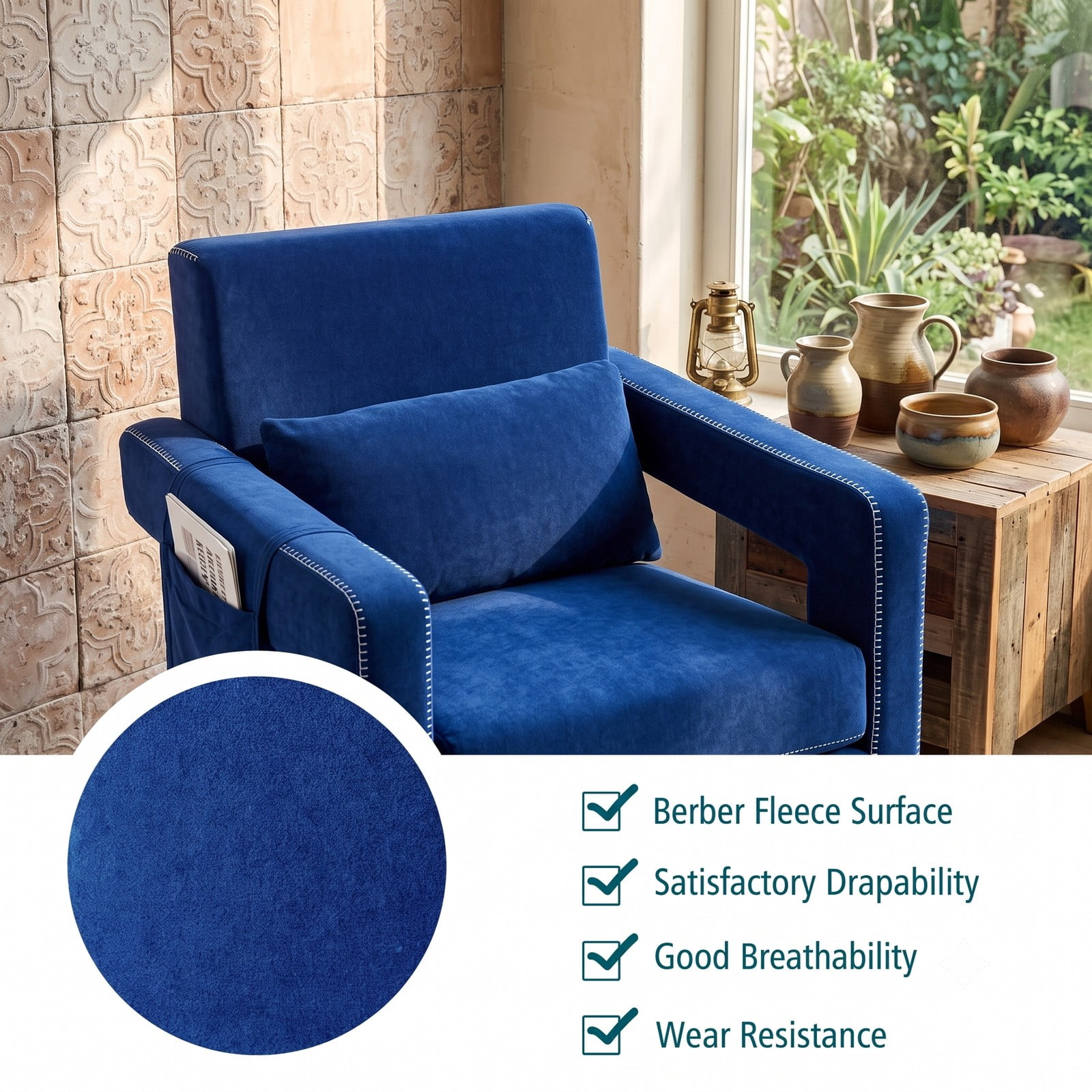 Furnibear Modern Berber Fleece Accent Chair with Ottoman and Waist Pillow, Upholstered Single Sofa Chair with Side Storage Bag for Living Room Bedroom Reception, Blue