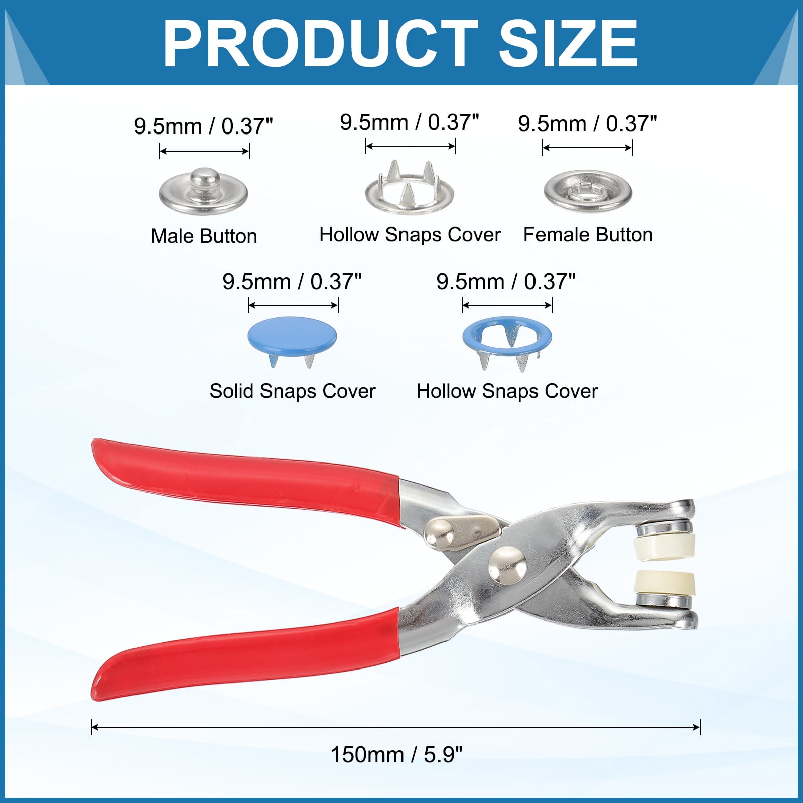 Uxcell 200Set Metal Snap Button Kit 9.5mm Hollow & Solid Prong Snap Buttons with Fastener Pliers for Sewing Fabric Leather Clothing Rain Coat Diapers Bibs Crafting, Light Blue