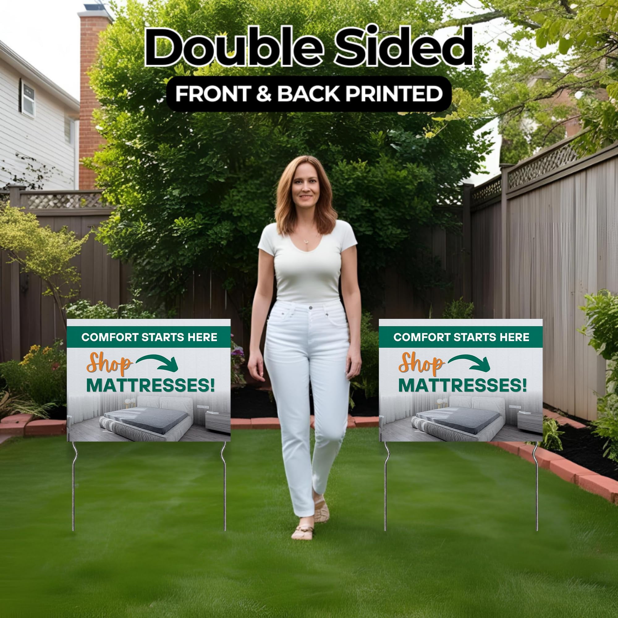 Comfort Starts Here - Shhop Mattresses! Yard Sign by DC | 24"x18" Double Sided Furniture Garden Sign with 13” Metal Stakes | Outdoor Signs Waterproof for Lawn, Patio, Sidewalk & House | Set of 5