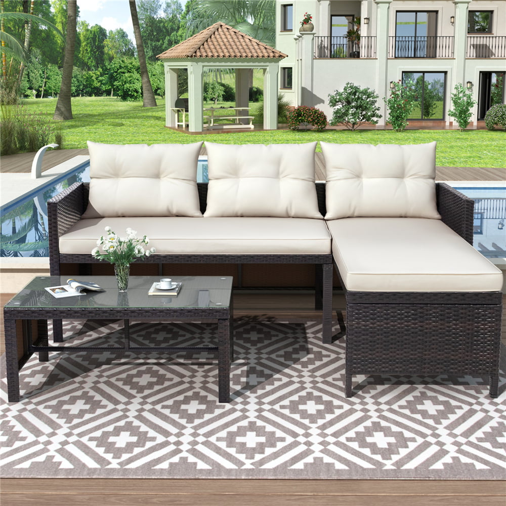 PE Wicker Rattan Outdoor Sectional Funiture M&W 7 Pieces Patio Sofa Set 6 Cushioned Chairs and 1 Glass Coffee Table for Lawn Garden Backyard Pool 