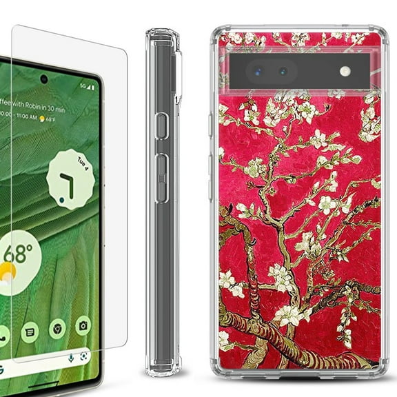 Shockproof Bumper Phone Case for Google Pixel 6a, with Tempered Glass Screen Protector, by OneToughShield ® - Almond Blossom Red