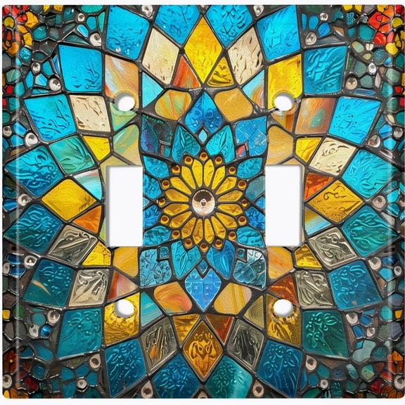 Metal Light Switch Wall Plate Outlet Cover (Printed Image of Stained Glass Flower - Double Toggle)