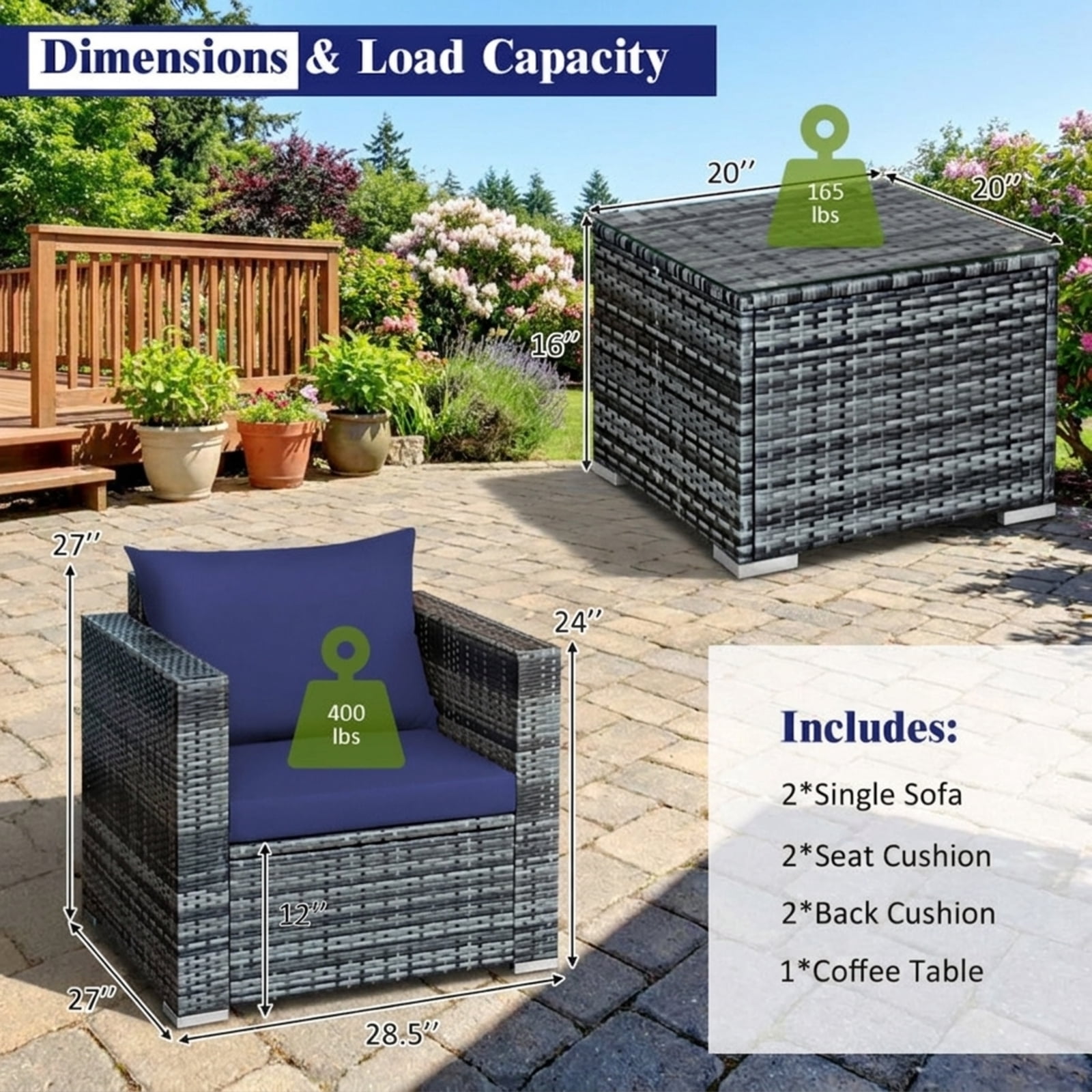 Biotree 3 Piece Patio Rattan Bistro Sofa Set outdoor conversation set with cushions and tempered glass coffee table for balcony garden and porch, Navy
