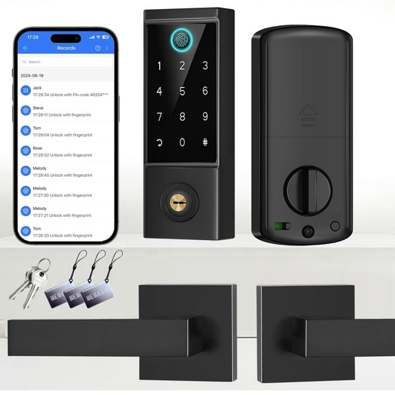 APP Control Fingerprint Lock with Handle, Heavy Duty Smart Keyless Entry Front Door Lock Set, Keypad Deadbolt with Lever Handles, Smart Locks for Front Door, Anti-Peeping Password Black