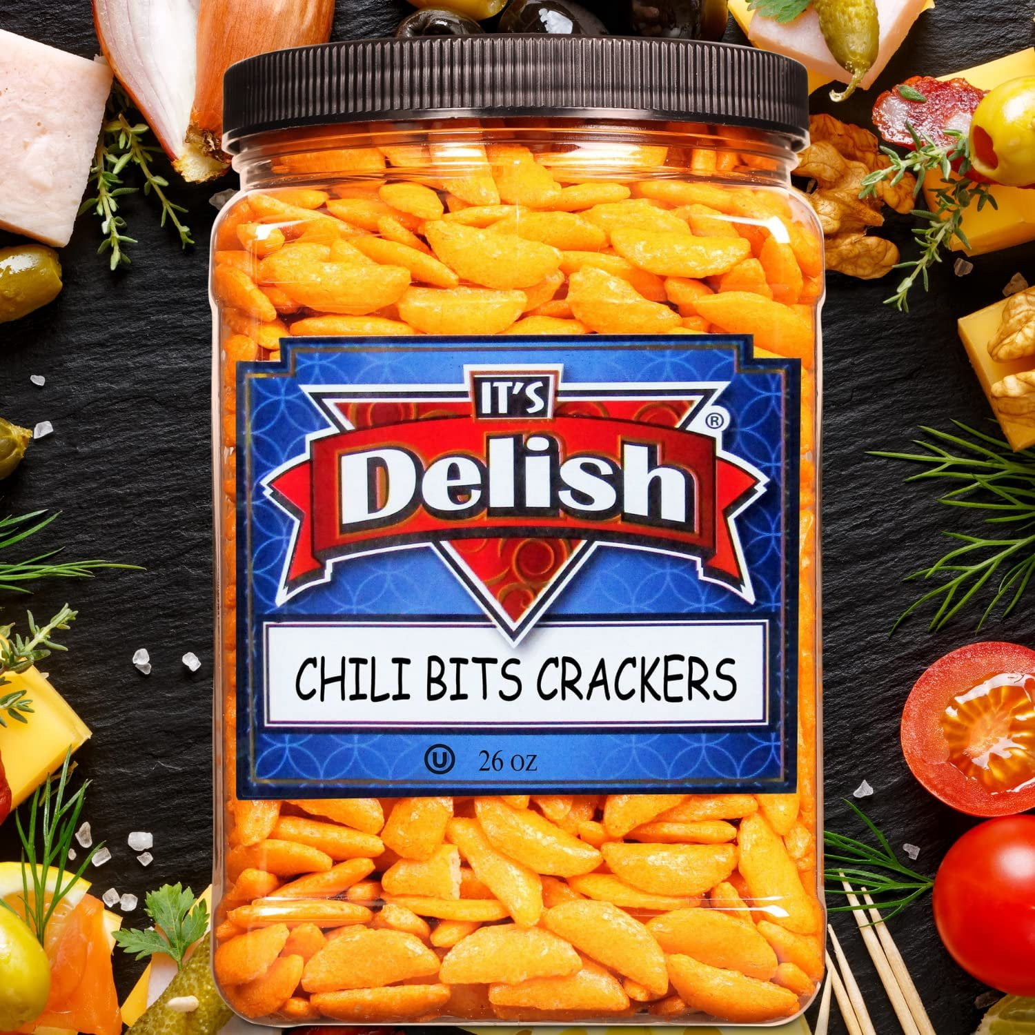 Oriental Chili Bits Rice Crackers  by Its Delish, 26 OZ Jumbo Container  Crunchy and Spicy Asian Crescent Cracker Snack Bites - Awesome for Snacks and Salad Topping  Vegan & Kosher