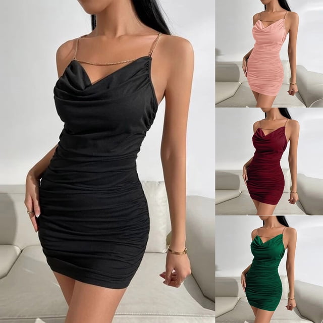 IFNWSV Robe d'Invitée de Mariage, Robe Moulante Courte Unie à Col Bénitier, Bretelles Spaghetti, Froncée, Décor Chaîne, Style Fête, Robes pour Femmes Vert P
