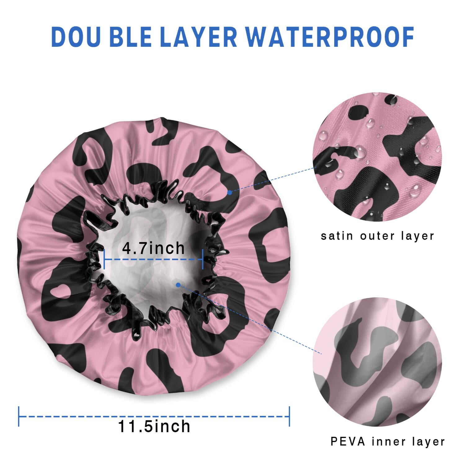 Shower Caps,Pink and Black Of Leopard Print Waterproof Shower Cap for Women 4 Pieces,Double Reusable Hair Cover for Shower PEVA Elastic Stretch Hem