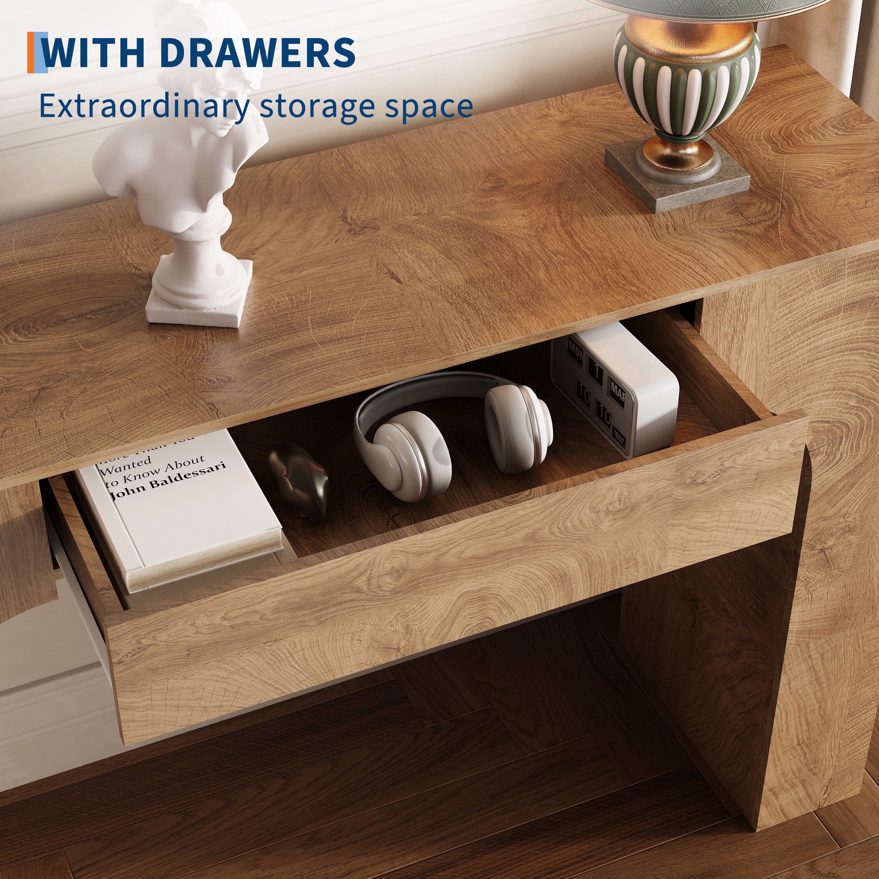 47" Long Console Table with Drawer, Narrow Entryway Table with Anti-Tipping Kit, Farmhouse Walnut Sofa Table for Hallway, Living Room, TV Stand, Chate Annual‑Ring Oak