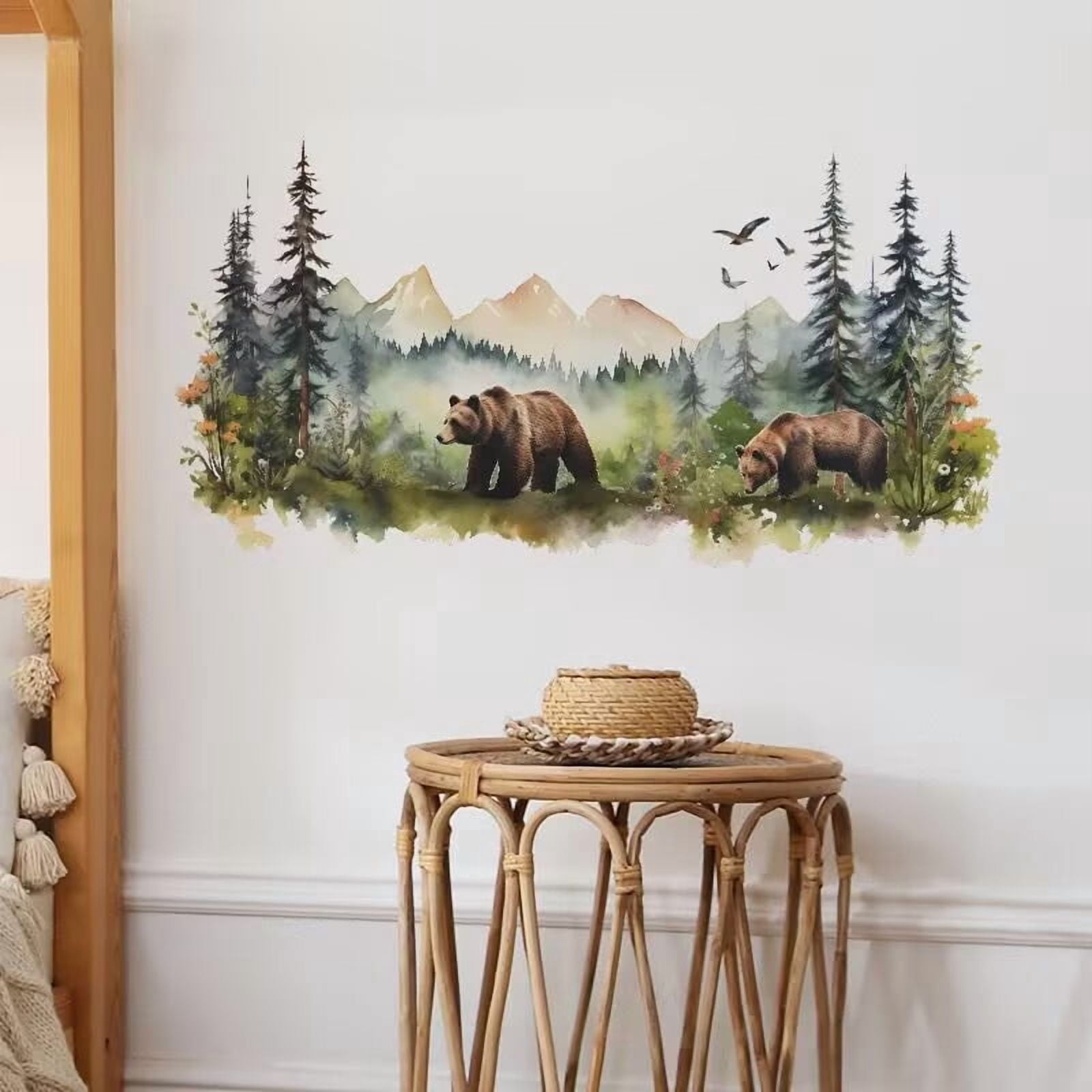 Large Jungle Animals Forest Tree Wall Decal - Peel and Stick Woodland Bear Fox Deer Stickers - Giant Mountain Art for Bedroom Nursery Room