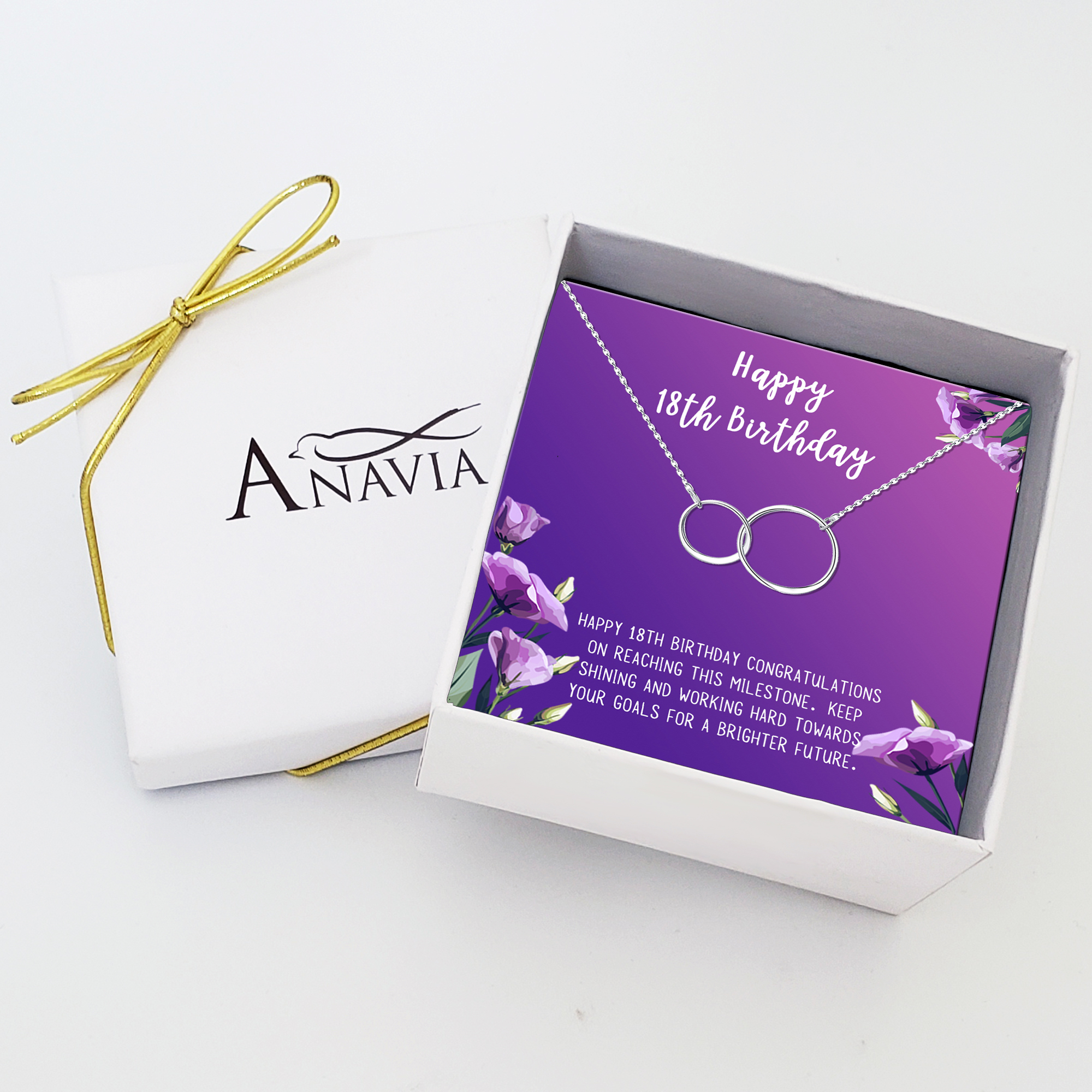 Anavia Happy 18th Birthday Gifts Stainless Steel Fashion Necklace Birthday Card Jewelry Gift for Girl, Birthday Gift for Daughter-[Silver Infinity Double Ring, Royal Purple Gift Card]