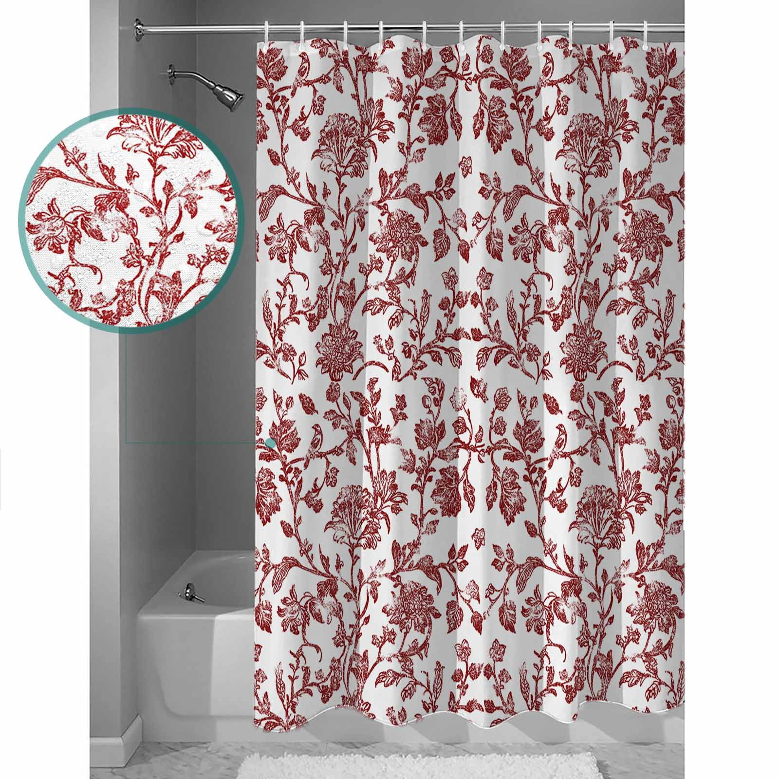 Red Boho Flower Bathroom Curtain 72 Inch Shower Curtain with Hooks, Vintage Paisley Farmhouse Pattern Waterproof Polyester Bath Curtain Washable Bathtub Curtain 48''x 72''
