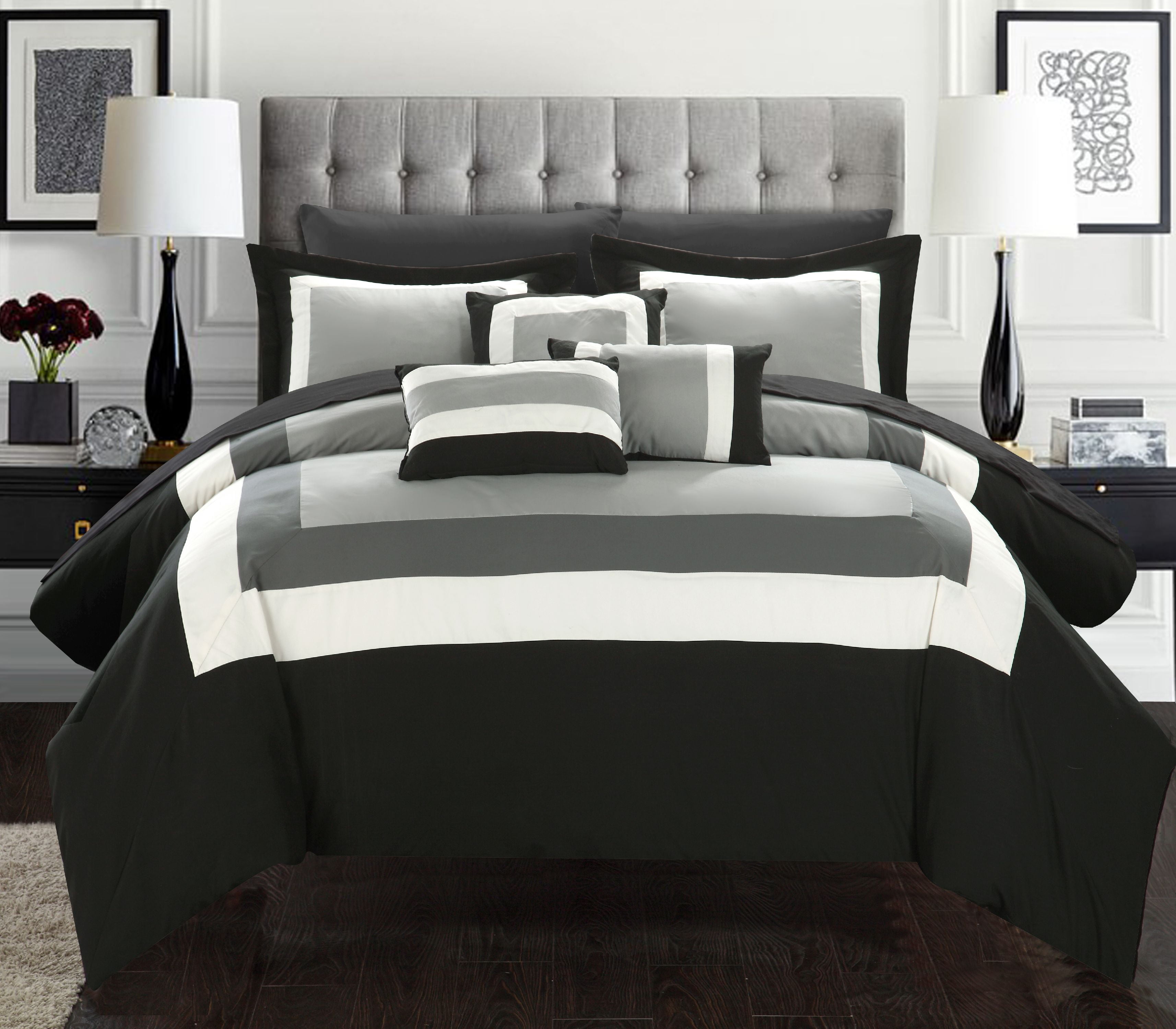 Chic Home 10-Piece Luxury Color Block Comforter Bedding Set with Sheet Set,  Queen, Black