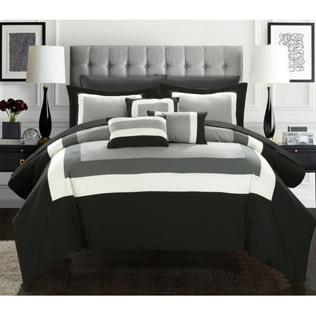 Chateau Lyon 10-Piece Luxury Comforter Set in Black Colorblock,