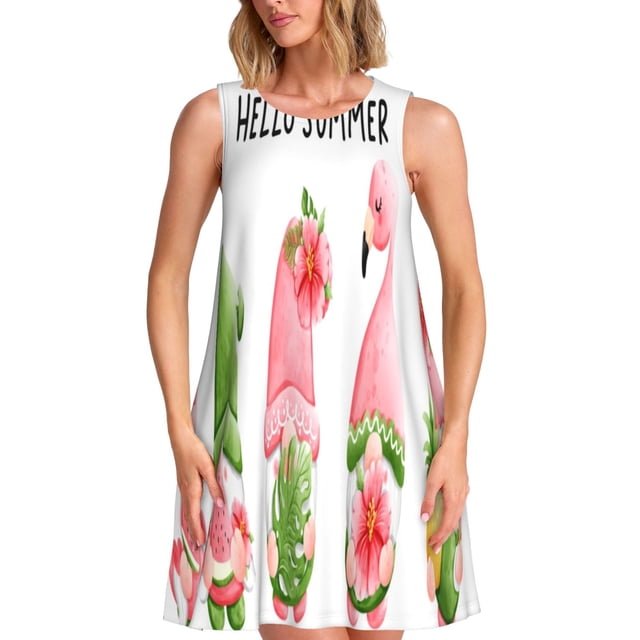 Fotbe Hello Summer Gnome Vestido de Verano sin Mangas para Mujer – Vestido Midi Línea A, Estilo Camiseta Floral, Vestido Playero Casual y Fluido