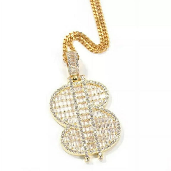 14K Gold Over Finish Simulated Diamond Iced Out Bling Custom Dollar Sign Money Charm Pendant Necklace, Gift for him, Free Rope chain