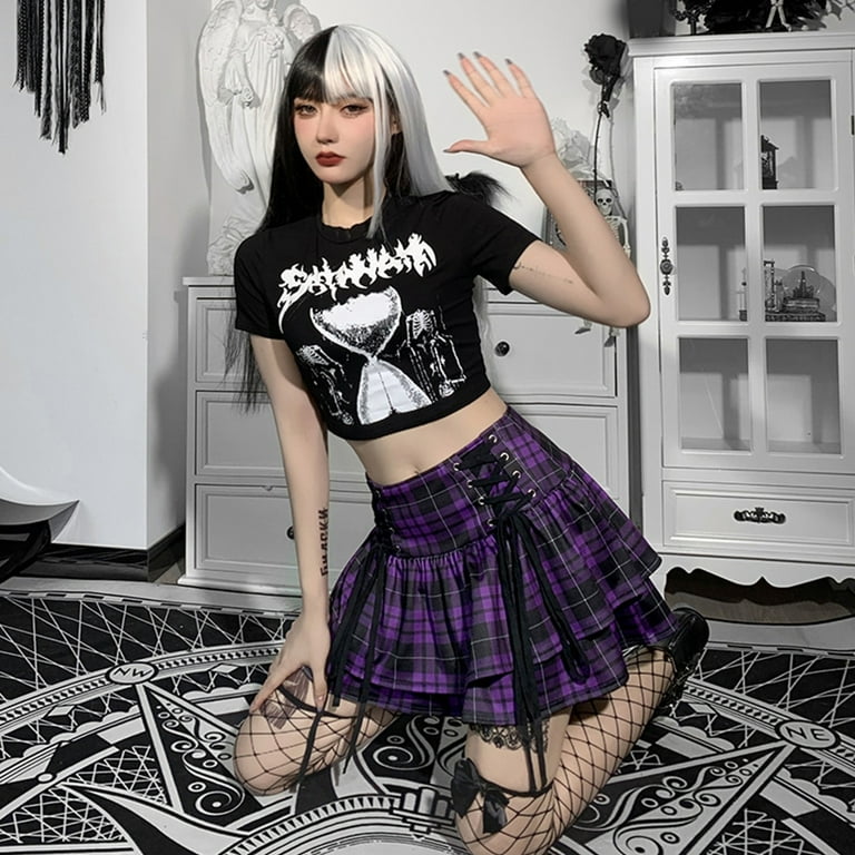 GENEMA Women Gothic High Waist Double Layer Plaid Mini GENEMA Women Gothic High Waist Double Layer Plaid Mini