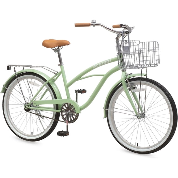 ACEGER 24 inch woman cruiser bike single speed bicycle with rattan basket and rear rack, Green