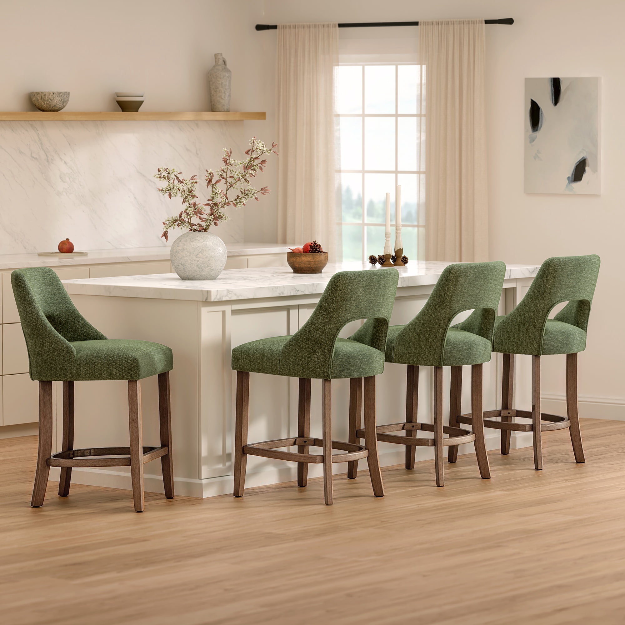 PORKISS 26" Bar Stools Set of 2, Upholstered Kitchen Island Stools with Hollow Back, Mid-Century Counter Stools with Wood Legs Footrest, Green