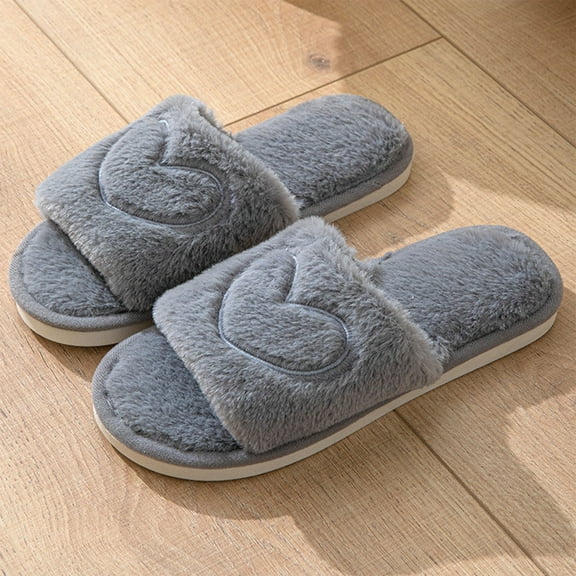 Zunfee Women's Cozy Warm Plush House Slippers - Open-Toe Slide, Heart Embroidered, Machine Washable, Cushioned Sole, Gray, Size 38 (EU), Perfect for Home Fall Winter