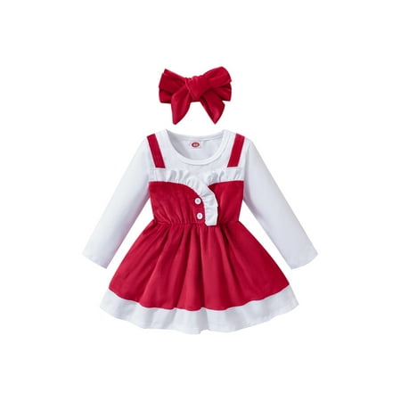 

Licupiee Toddler Baby Girl Christmas Dress Fake 2PCS Long Sleeve Patchwork A-Line Dress with Bow Headband