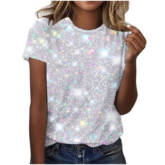 Staron Spring Tops for Women Casual Short Sleeve Crew Neck Shirt Bright Print Fashion Blouse Party Vacation Travel, XL