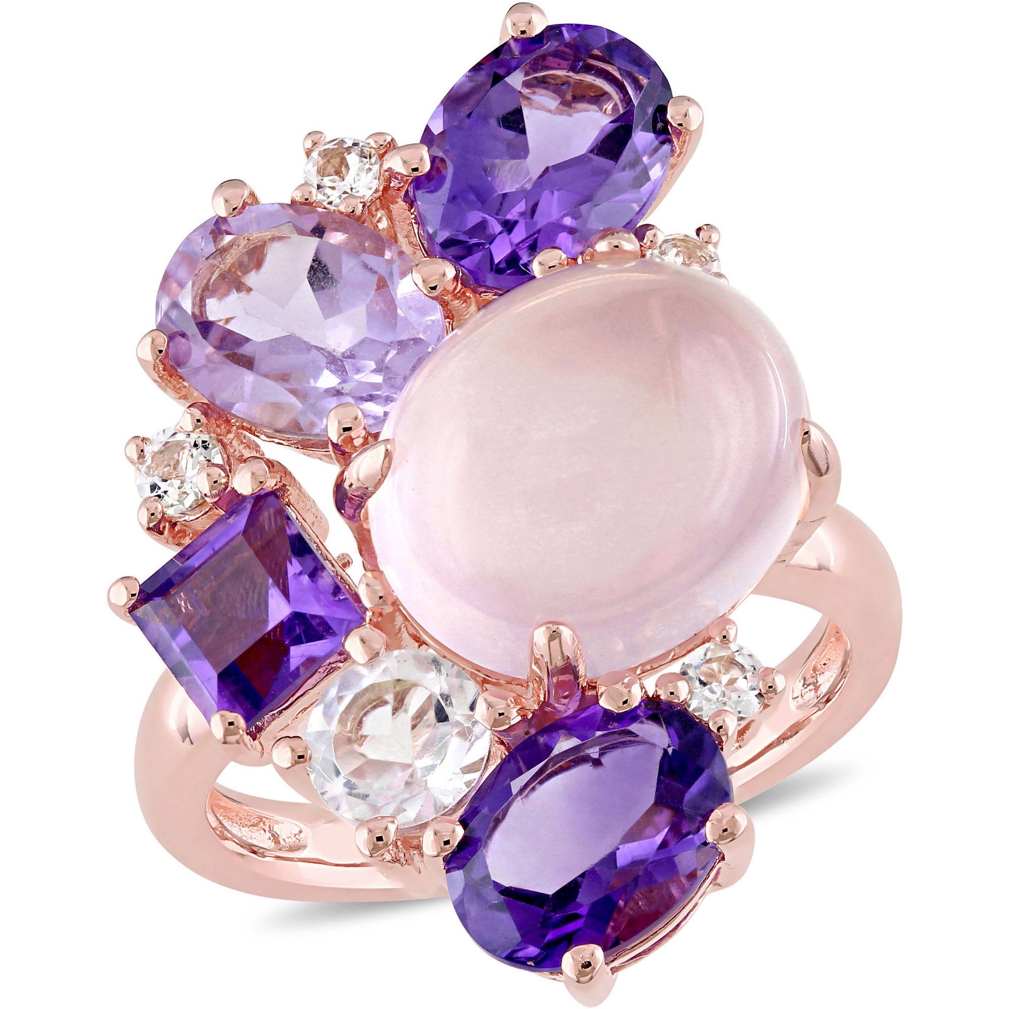 11-1/4 Carat T.G.W. Rose Quartz, African Amethyst, Rose de France and White Topaz Pink Rhodium-Plated Sterling Silver Cluster Cocktail Ring