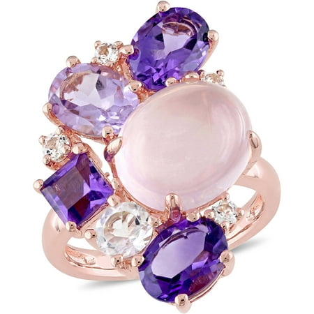 Tangelo 11-1/4 Carat T.G.W. Rose Quartz, African Amethyst, Rose de France and White Topaz Pink Rhodium-Plated Sterling Silver Cluster Cocktail Ring