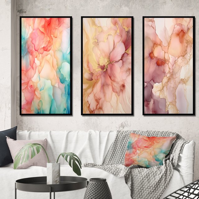 Designart "Enchanted Spills Orange Teal Elegance" Abstract Framed Wall Art Set Of 3 - Orange Abstract Frame Gallery Wall Set For Home Decor