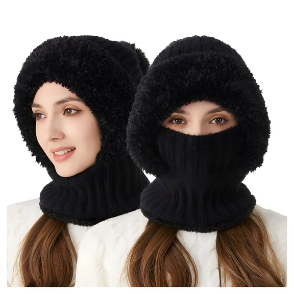 TELOLY 3 in 1 Beanie Hat for Women, Cold Resistant Hat, Mask Set Hooded Piece Windproof Warm Snow Cap, One Size, Black